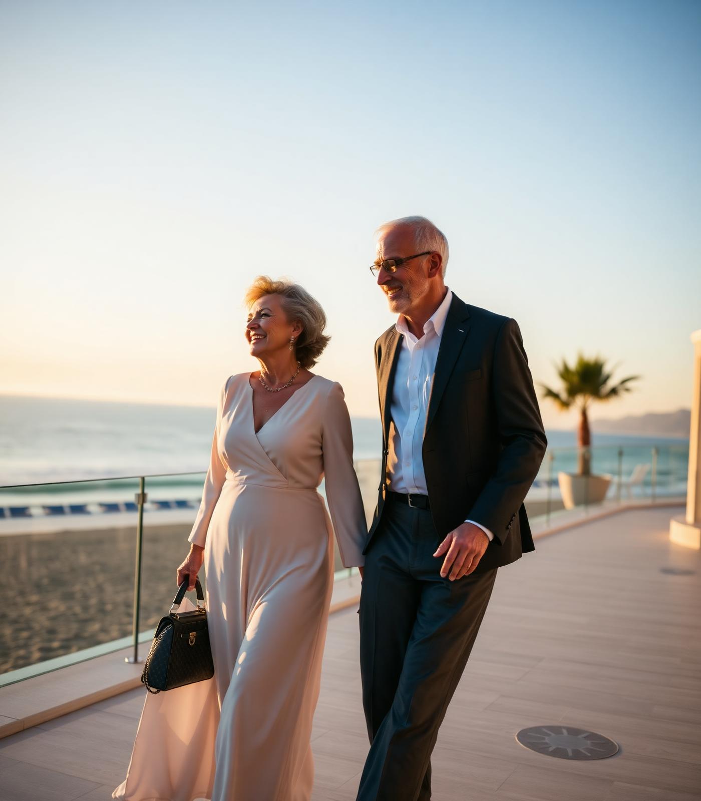 Retired couple enjoying financial freedom at sunset